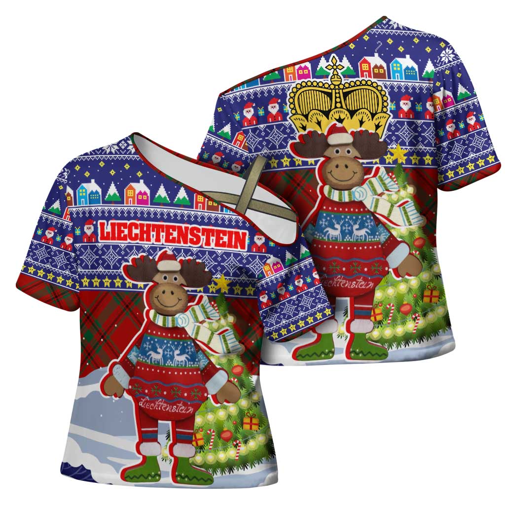 Liechtenstein Christmas Cross Shoulder Shirt with Reindeer Character Holiday Village and Plaid Sleeves - Wonder Print Shop