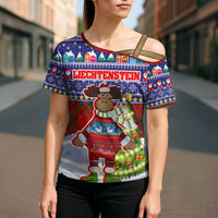 Liechtenstein Christmas Cross Shoulder Shirt with Reindeer Character Holiday Village and Plaid Sleeves - Wonder Print Shop