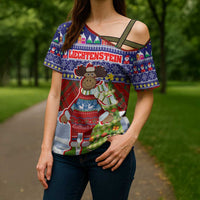 Liechtenstein Christmas Cross Shoulder Shirt with Reindeer Character Holiday Village and Plaid Sleeves - Wonder Print Shop
