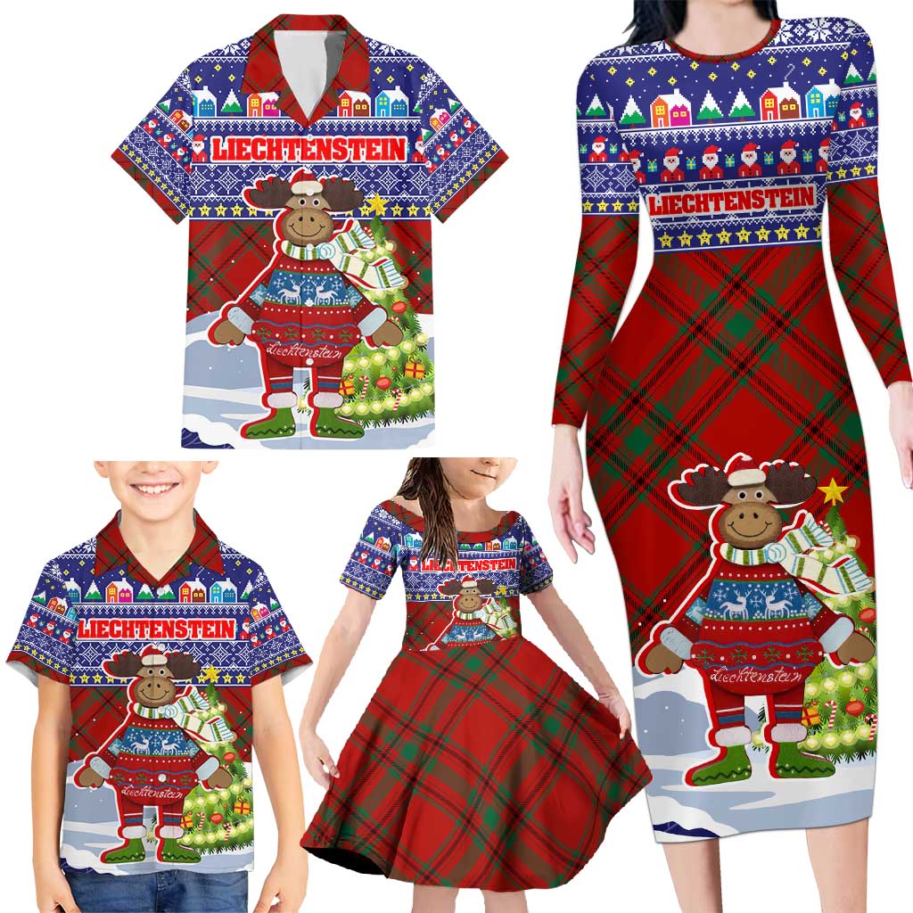 Liechtenstein Christmas Family Matching Long Sleeve Bodycon Dress and Hawaiian Shirt with Reindeer Character Holiday Village and Plaid Sleeves - Wonder Print Shop