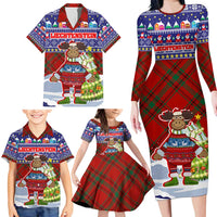 Liechtenstein Christmas Family Matching Long Sleeve Bodycon Dress and Hawaiian Shirt with Reindeer Character Holiday Village and Plaid Sleeves - Wonder Print Shop
