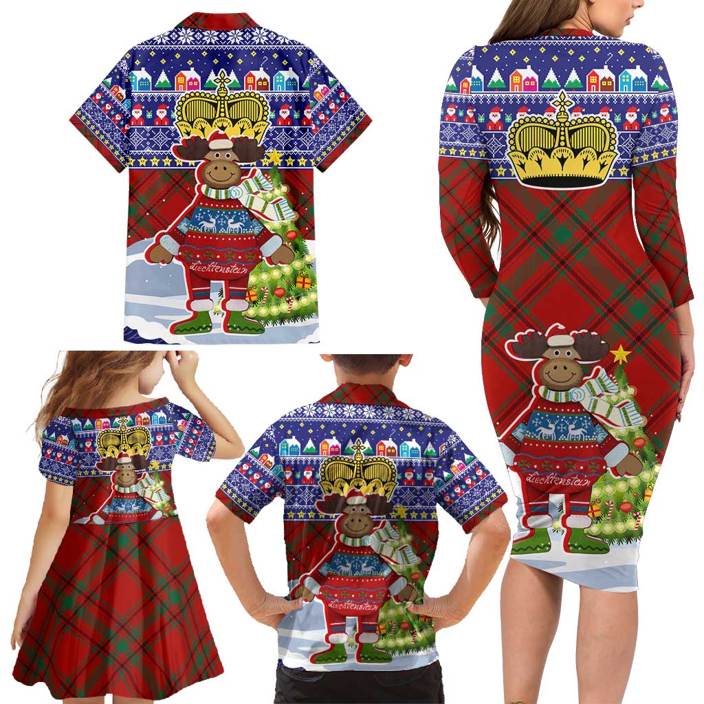 Liechtenstein Christmas Family Matching Long Sleeve Bodycon Dress and Hawaiian Shirt with Reindeer Character Holiday Village and Plaid Sleeves - Wonder Print Shop