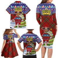 Liechtenstein Christmas Family Matching Long Sleeve Bodycon Dress and Hawaiian Shirt with Reindeer Character Holiday Village and Plaid Sleeves - Wonder Print Shop