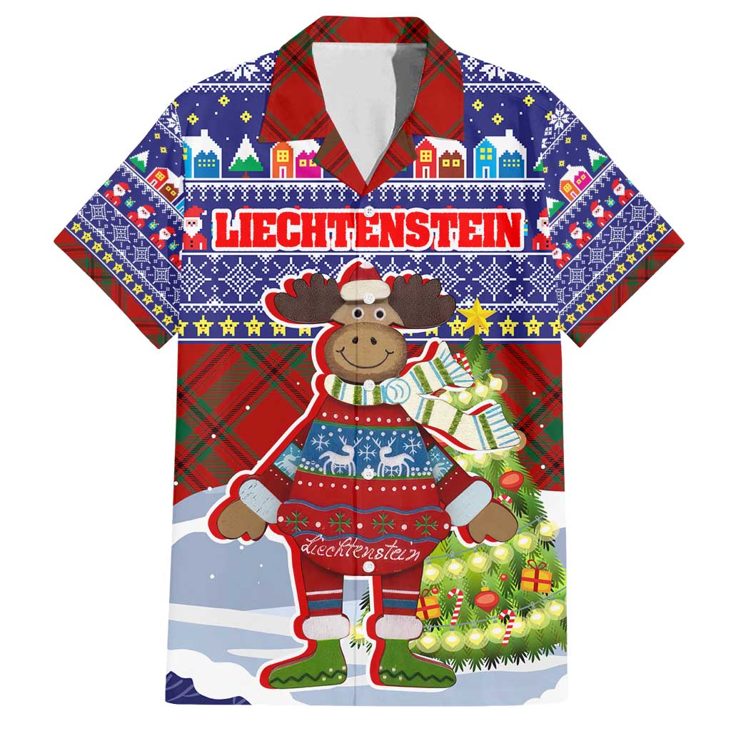 Liechtenstein Christmas Family Matching Long Sleeve Bodycon Dress and Hawaiian Shirt with Reindeer Character Holiday Village and Plaid Sleeves - Wonder Print Shop