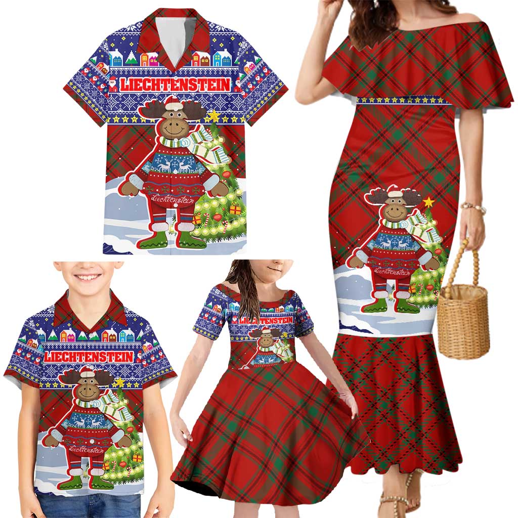 Liechtenstein Christmas Family Matching Mermaid Dress and Hawaiian Shirt with Reindeer Character Holiday Village and Plaid Sleeves - Wonder Print Shop