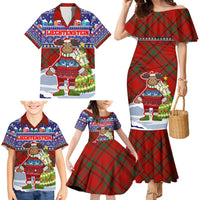 Liechtenstein Christmas Family Matching Mermaid Dress and Hawaiian Shirt with Reindeer Character Holiday Village and Plaid Sleeves - Wonder Print Shop