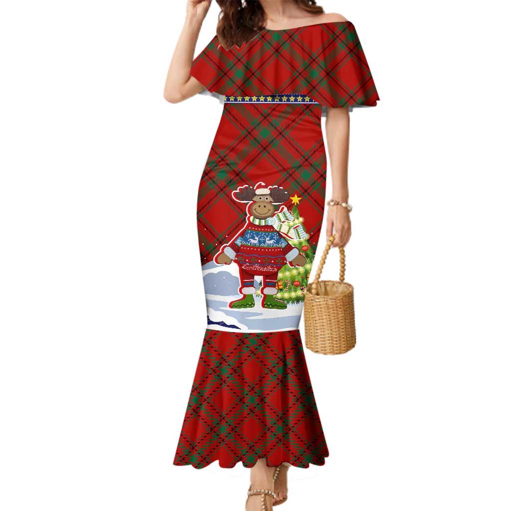 Liechtenstein Christmas Family Matching Mermaid Dress and Hawaiian Shirt with Reindeer Character Holiday Village and Plaid Sleeves - Wonder Print Shop