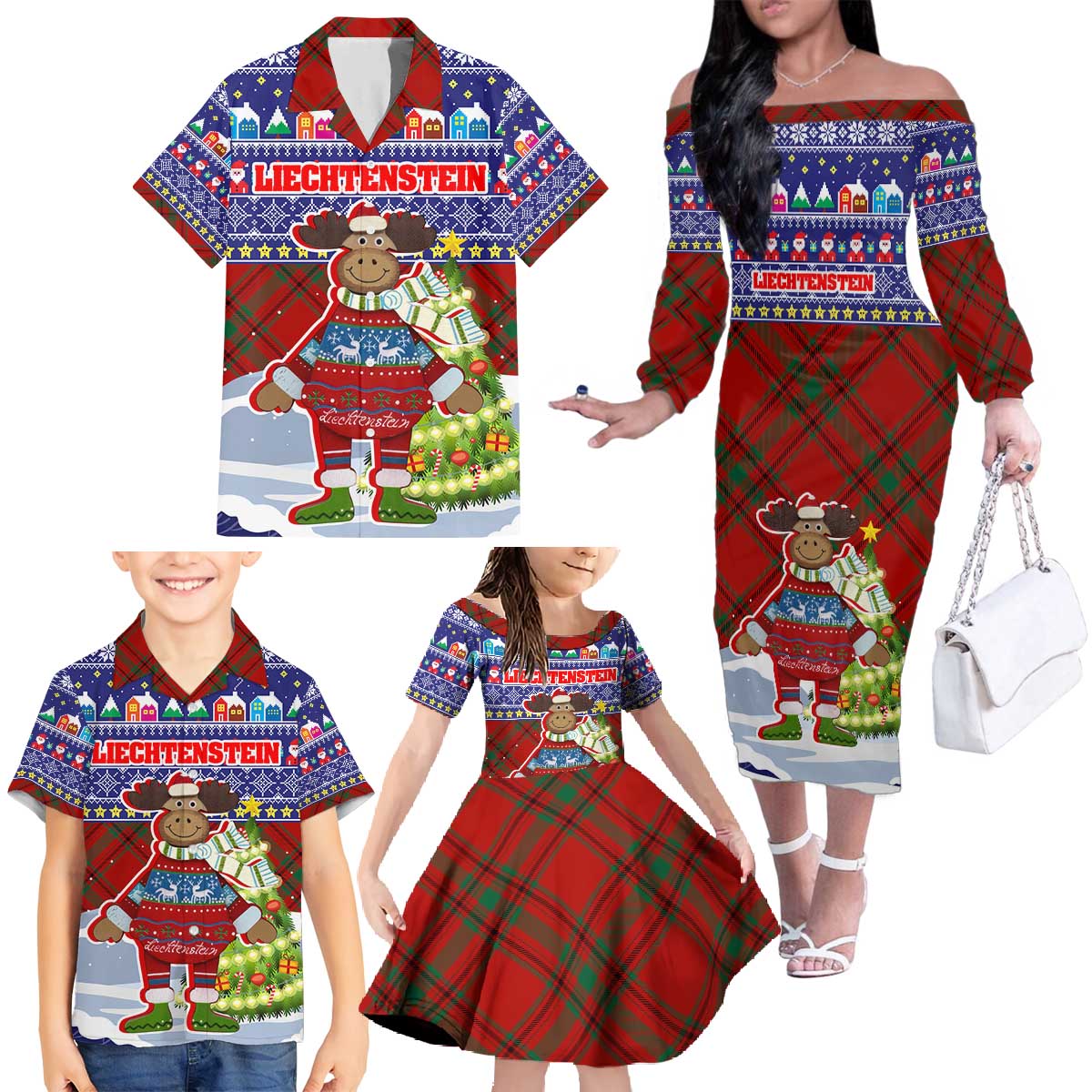 Liechtenstein Christmas Family Matching Off The Shoulder Long Sleeve Dress and Hawaiian Shirt with Reindeer Character Holiday Village and Plaid Sleeves - Wonder Print Shop