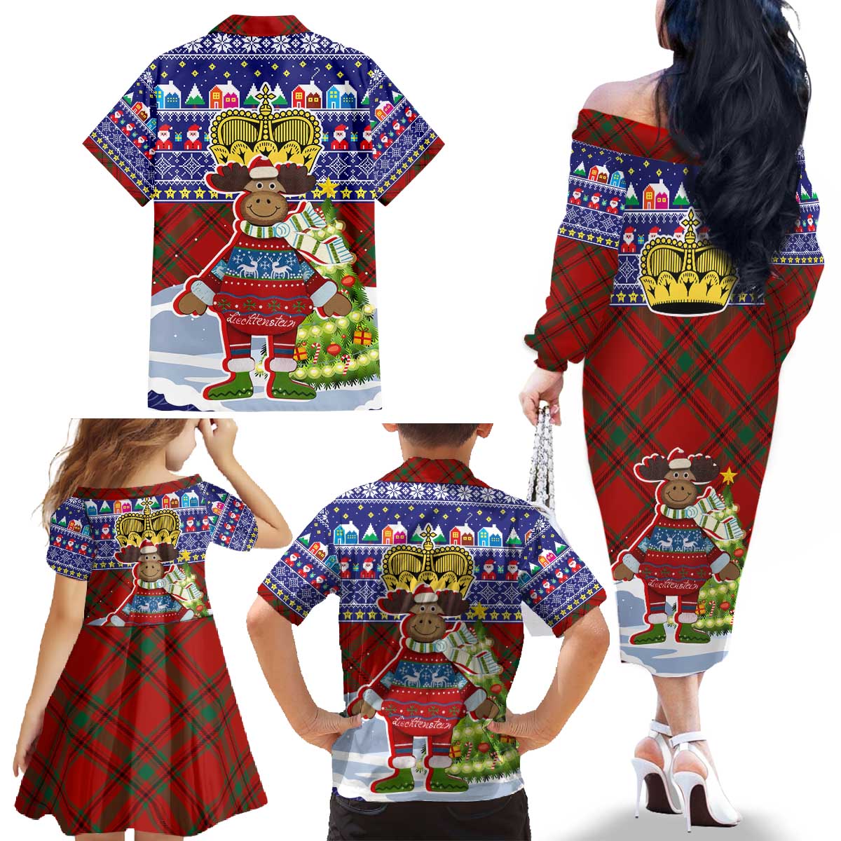 Liechtenstein Christmas Family Matching Off The Shoulder Long Sleeve Dress and Hawaiian Shirt with Reindeer Character Holiday Village and Plaid Sleeves - Wonder Print Shop