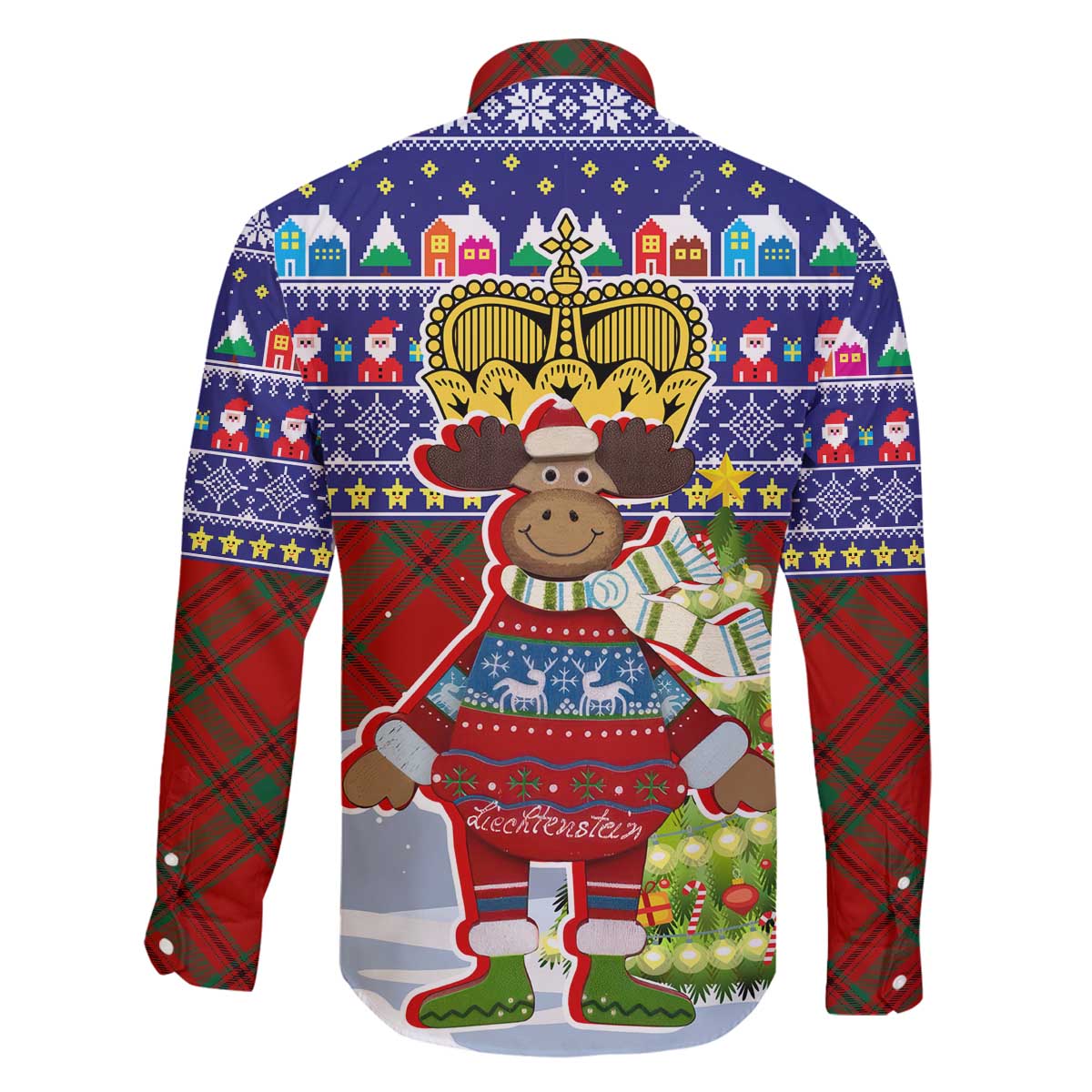 Liechtenstein Christmas Family Matching Off The Shoulder Long Sleeve Dress and Hawaiian Shirt with Reindeer Character Holiday Village and Plaid Sleeves - Wonder Print Shop