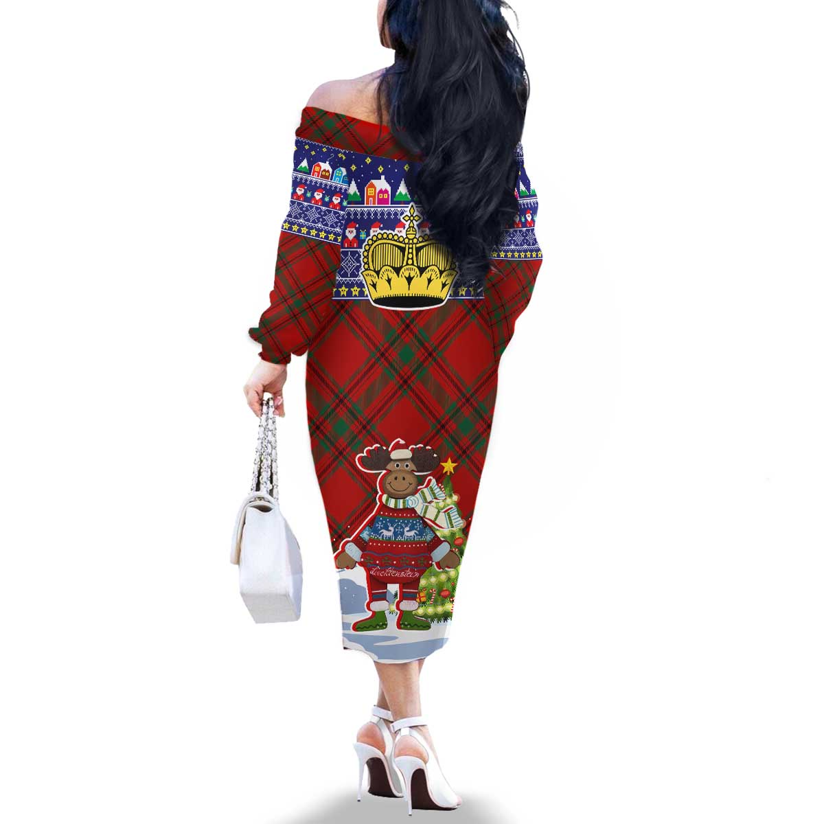 Liechtenstein Christmas Family Matching Off The Shoulder Long Sleeve Dress and Hawaiian Shirt with Reindeer Character Holiday Village and Plaid Sleeves - Wonder Print Shop