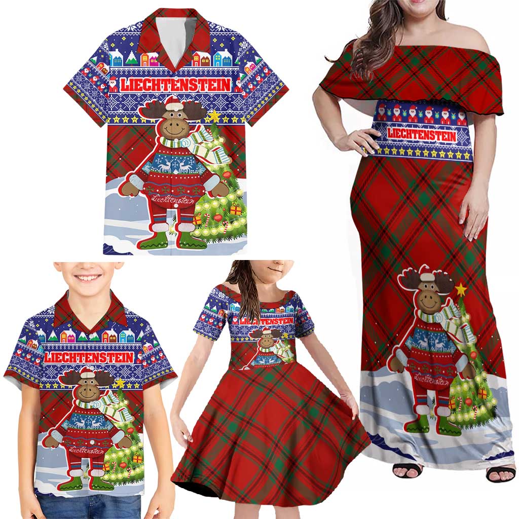 Liechtenstein Christmas Family Matching Off Shoulder Maxi Dress and Hawaiian Shirt with Reindeer Character Holiday Village and Plaid Sleeves - Wonder Print Shop