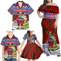 Liechtenstein Christmas Family Matching Off Shoulder Maxi Dress and Hawaiian Shirt with Reindeer Character Holiday Village and Plaid Sleeves - Wonder Print Shop