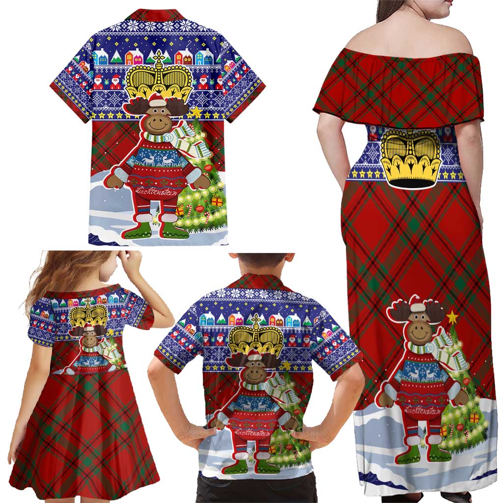 Liechtenstein Christmas Family Matching Off Shoulder Maxi Dress and Hawaiian Shirt with Reindeer Character Holiday Village and Plaid Sleeves - Wonder Print Shop