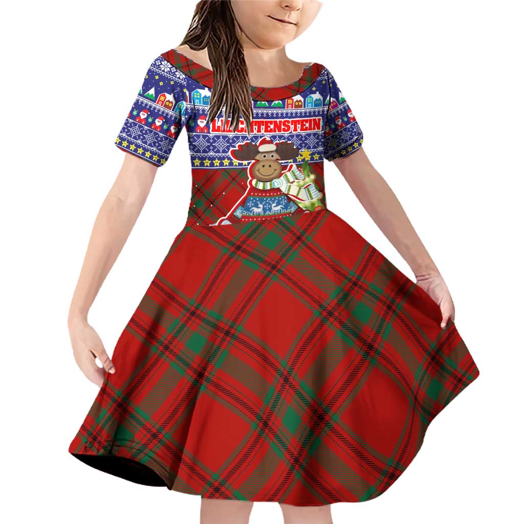 Liechtenstein Christmas Family Matching Off Shoulder Short Dress and Hawaiian Shirt with Reindeer Character Holiday Village and Plaid Sleeves - Wonder Print Shop