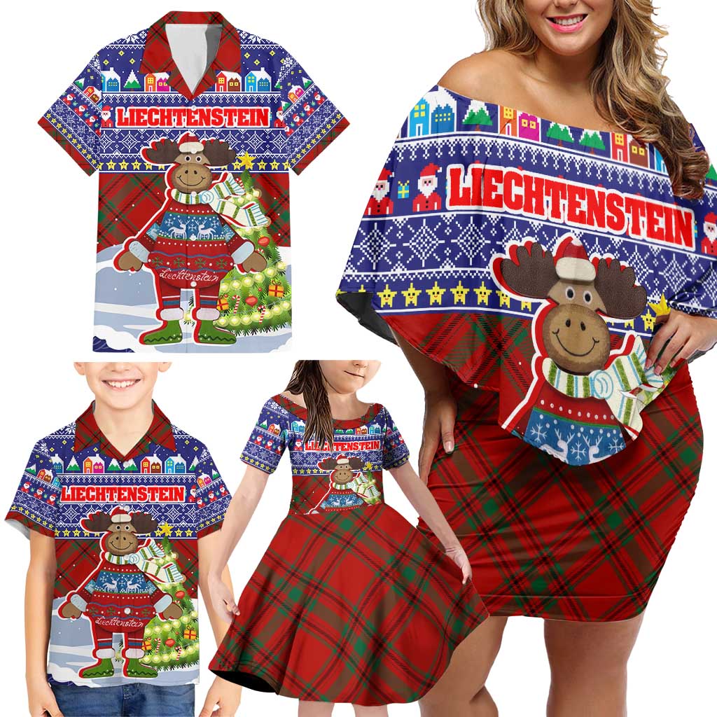 Liechtenstein Christmas Family Matching Off Shoulder Short Dress and Hawaiian Shirt with Reindeer Character Holiday Village and Plaid Sleeves - Wonder Print Shop