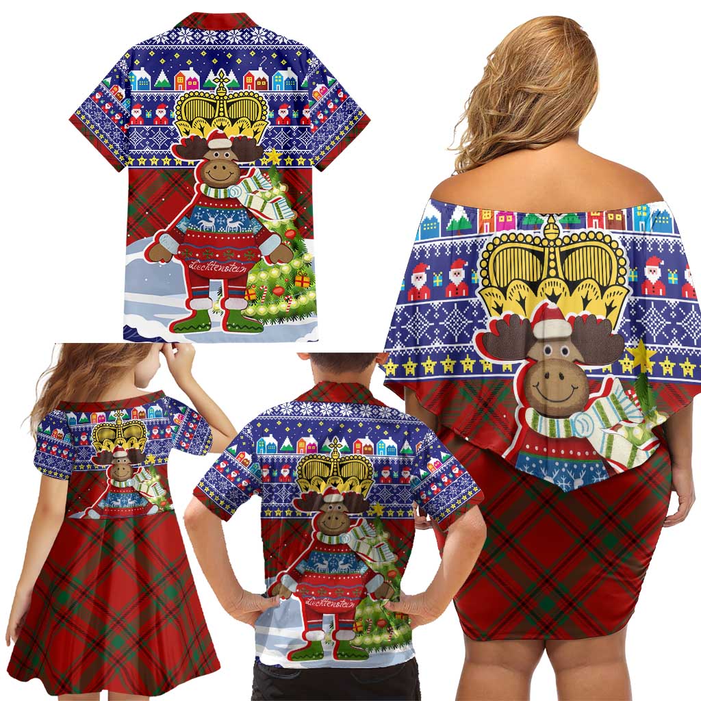 Liechtenstein Christmas Family Matching Off Shoulder Short Dress and Hawaiian Shirt with Reindeer Character Holiday Village and Plaid Sleeves - Wonder Print Shop