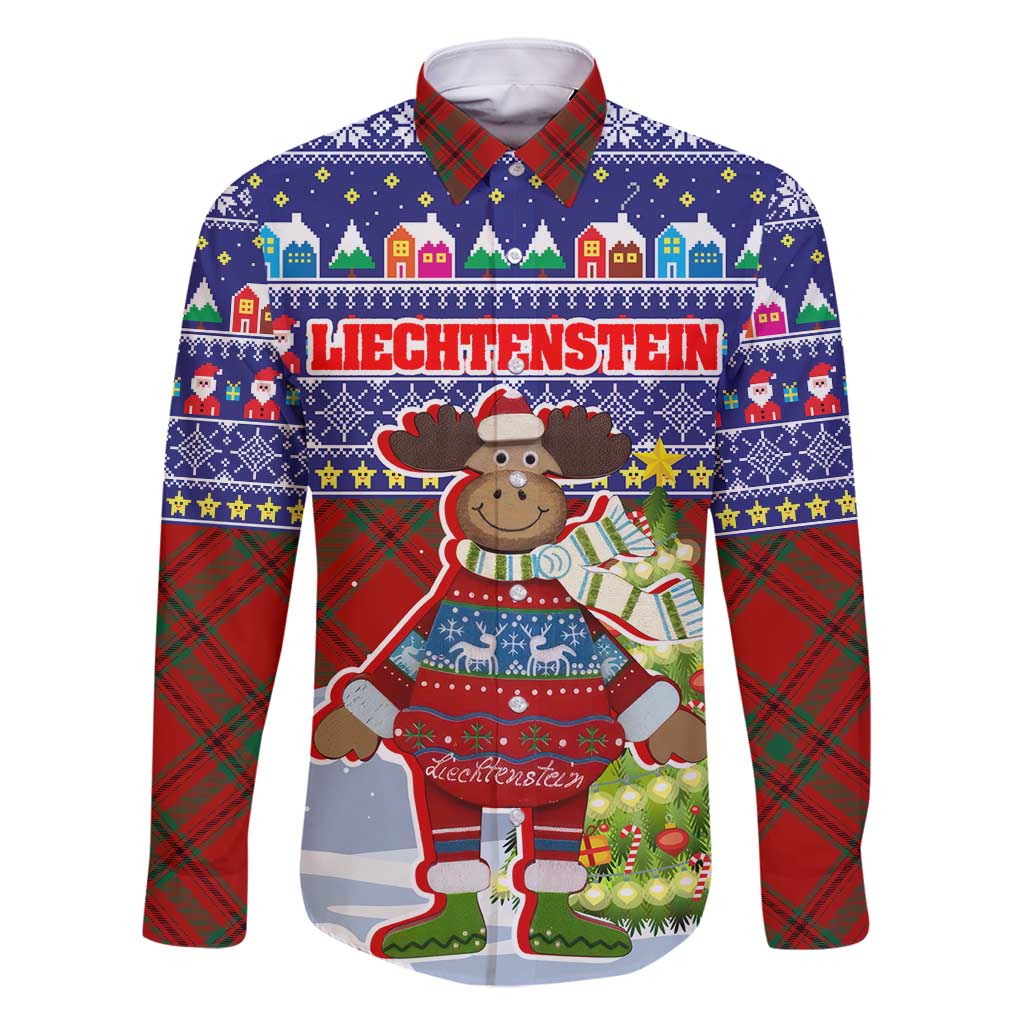 Liechtenstein Christmas Family Matching Off Shoulder Short Dress and Hawaiian Shirt with Reindeer Character Holiday Village and Plaid Sleeves - Wonder Print Shop