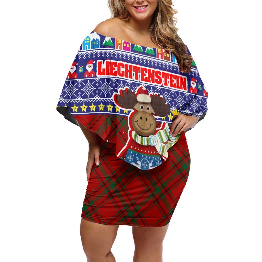 Liechtenstein Christmas Family Matching Off Shoulder Short Dress and Hawaiian Shirt with Reindeer Character Holiday Village and Plaid Sleeves - Wonder Print Shop