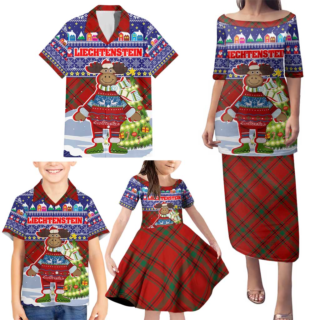 Liechtenstein Christmas Family Matching Puletasi and Hawaiian Shirt with Reindeer Character Holiday Village and Plaid Sleeves - Wonder Print Shop