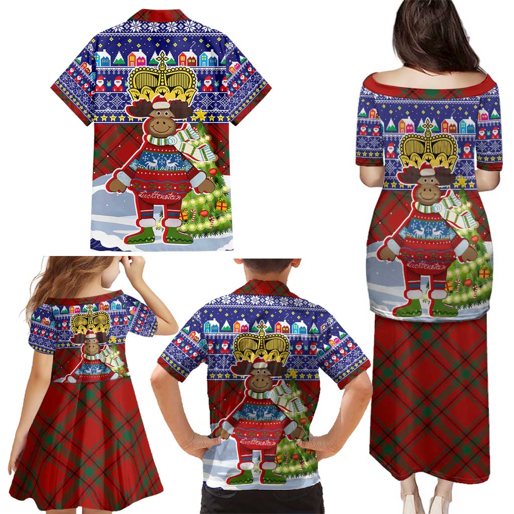Liechtenstein Christmas Family Matching Puletasi and Hawaiian Shirt with Reindeer Character Holiday Village and Plaid Sleeves - Wonder Print Shop
