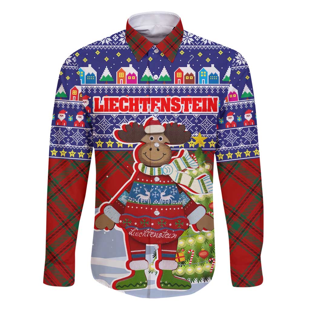 Liechtenstein Christmas Family Matching Puletasi and Hawaiian Shirt with Reindeer Character Holiday Village and Plaid Sleeves - Wonder Print Shop