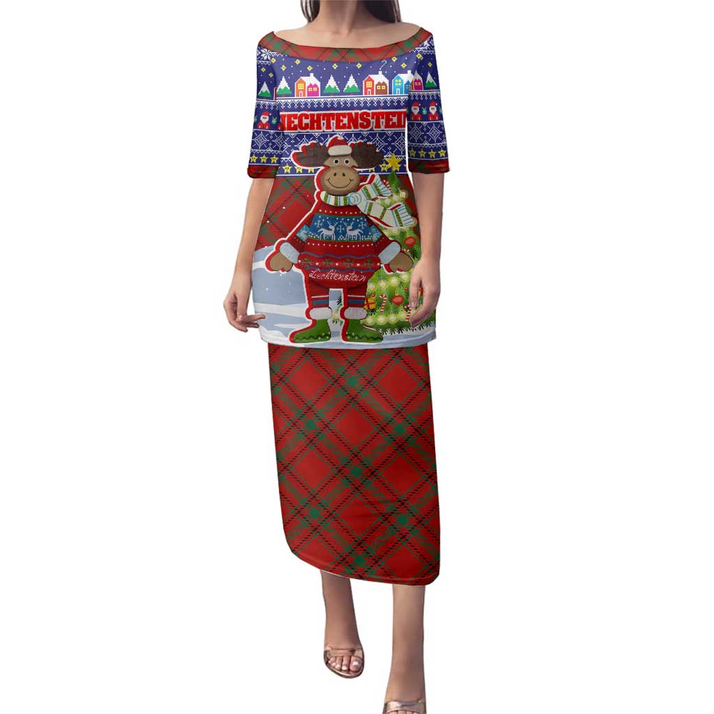 Liechtenstein Christmas Family Matching Puletasi and Hawaiian Shirt with Reindeer Character Holiday Village and Plaid Sleeves - Wonder Print Shop