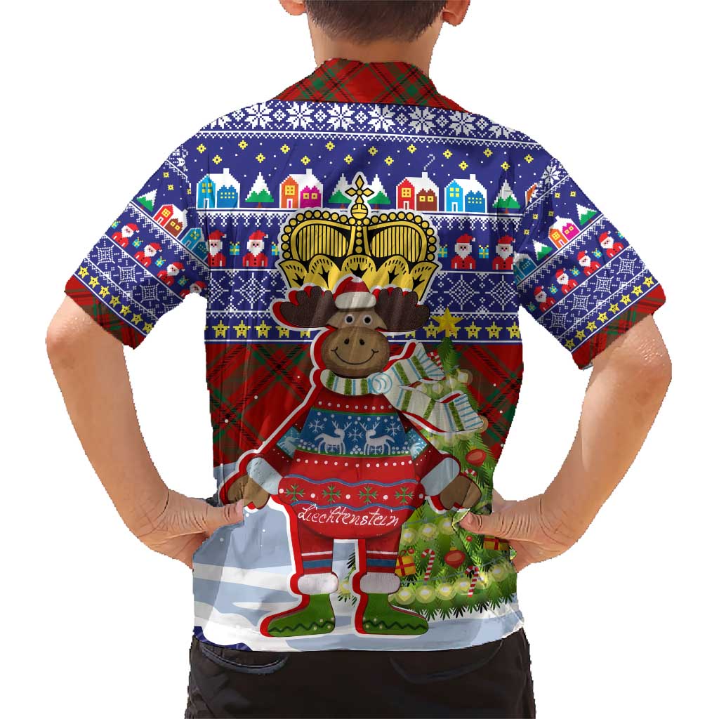 Liechtenstein Christmas Family Matching Short Sleeve Bodycon Dress and Hawaiian Shirt with Reindeer Character Holiday Village and Plaid Sleeves - Wonder Print Shop