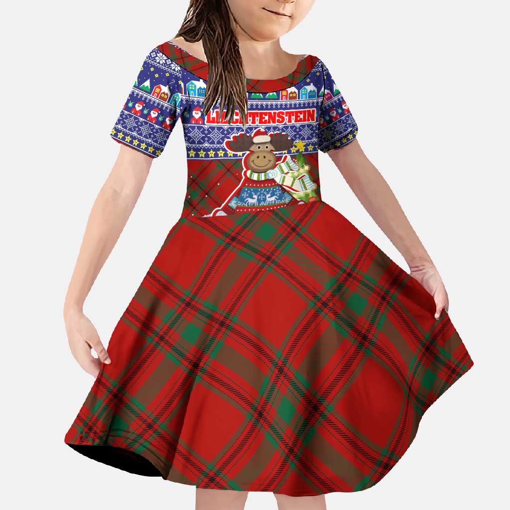 Liechtenstein Christmas Family Matching Short Sleeve Bodycon Dress and Hawaiian Shirt with Reindeer Character Holiday Village and Plaid Sleeves - Wonder Print Shop