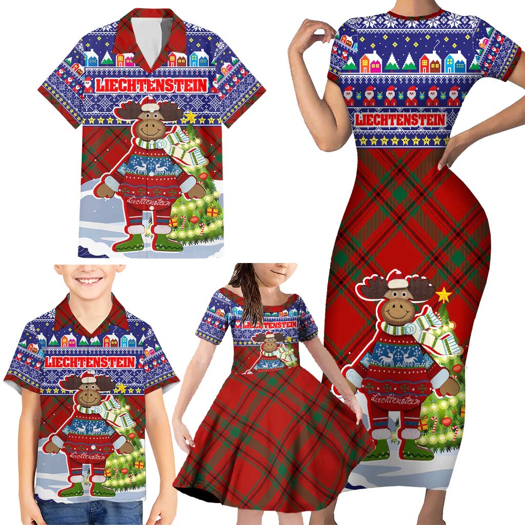 Liechtenstein Christmas Family Matching Short Sleeve Bodycon Dress and Hawaiian Shirt with Reindeer Character Holiday Village and Plaid Sleeves - Wonder Print Shop