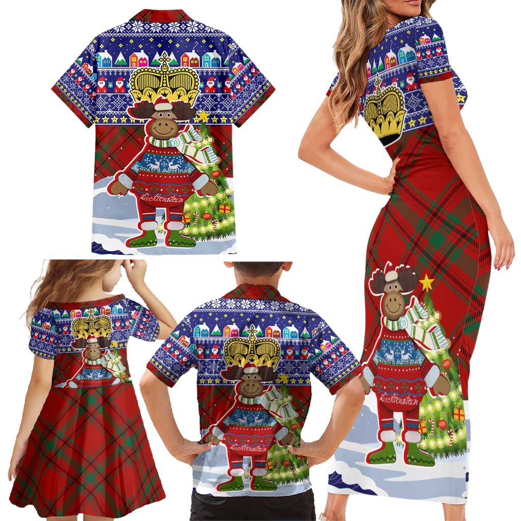 Liechtenstein Christmas Family Matching Short Sleeve Bodycon Dress and Hawaiian Shirt with Reindeer Character Holiday Village and Plaid Sleeves - Wonder Print Shop
