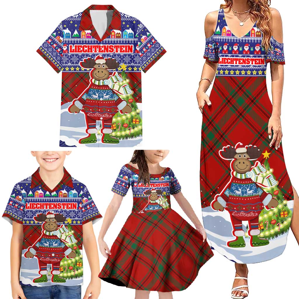 Liechtenstein Christmas Family Matching Summer Maxi Dress and Hawaiian Shirt with Reindeer Character Holiday Village and Plaid Sleeves - Wonder Print Shop