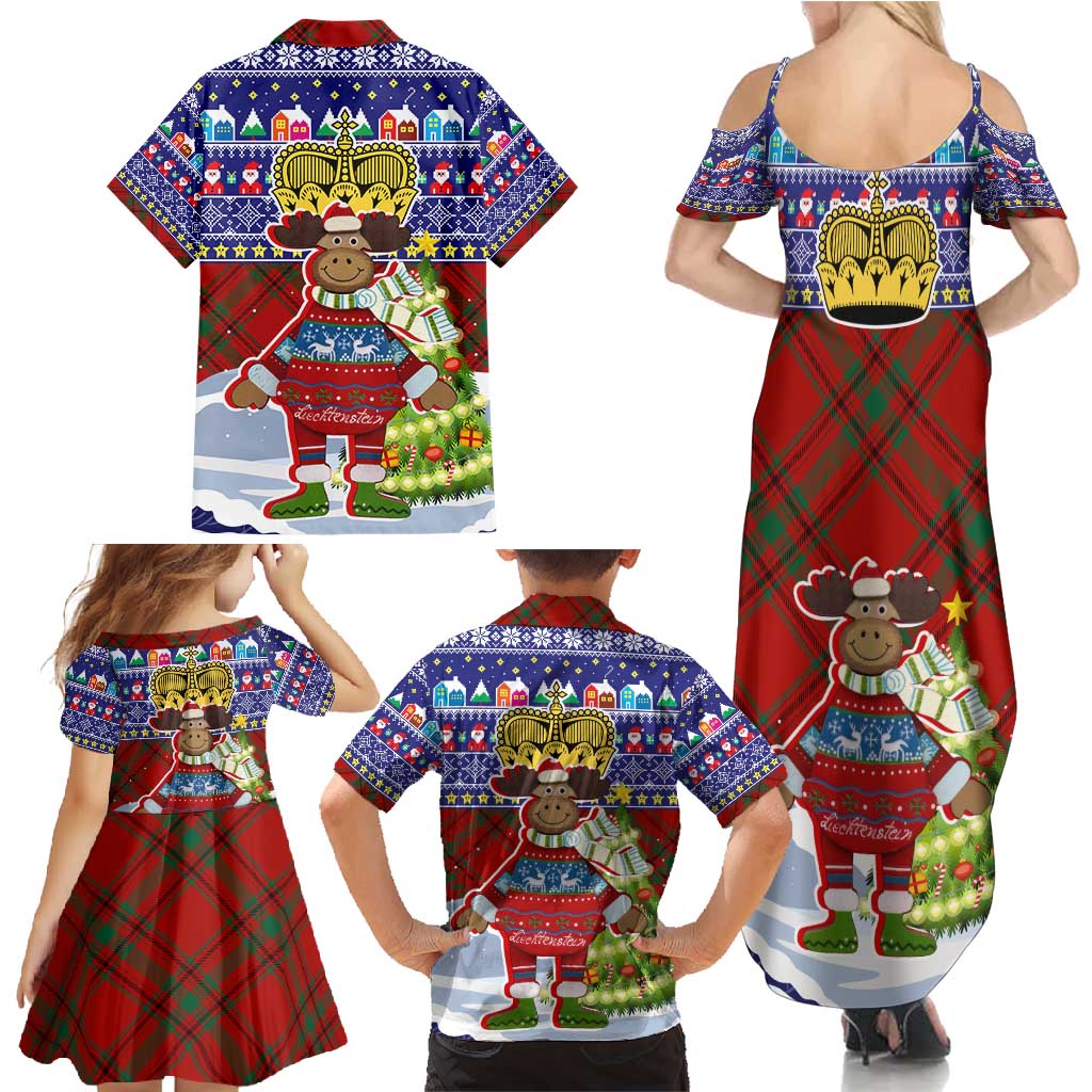 Liechtenstein Christmas Family Matching Summer Maxi Dress and Hawaiian Shirt with Reindeer Character Holiday Village and Plaid Sleeves - Wonder Print Shop