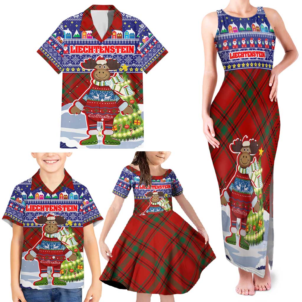 Liechtenstein Christmas Family Matching Tank Maxi Dress and Hawaiian Shirt with Reindeer Character Holiday Village and Plaid Sleeves - Wonder Print Shop