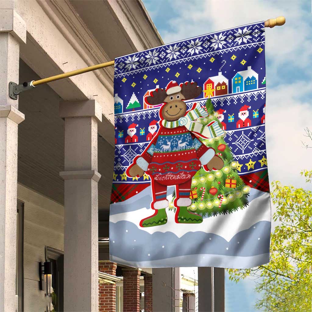 Liechtenstein Christmas Garden Flag with Reindeer Character Holiday Village and Plaid Sleeves - Wonder Print Shop