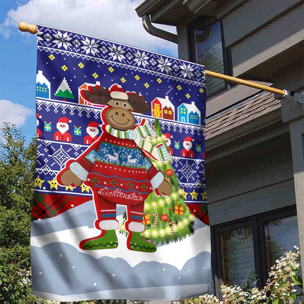 Liechtenstein Christmas Garden Flag with Reindeer Character Holiday Village and Plaid Sleeves - Wonder Print Shop