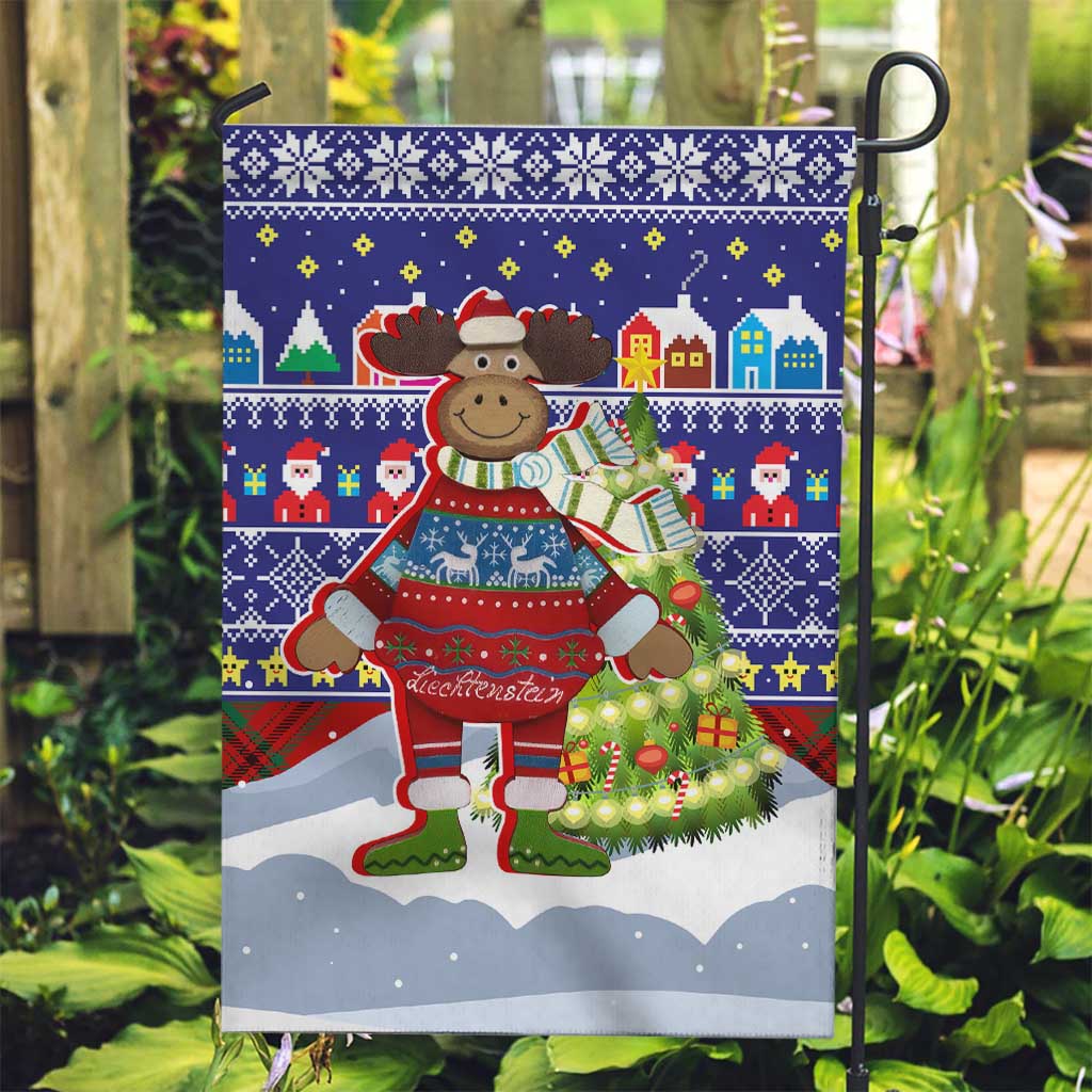 Liechtenstein Christmas Garden Flag with Reindeer Character Holiday Village and Plaid Sleeves - Wonder Print Shop
