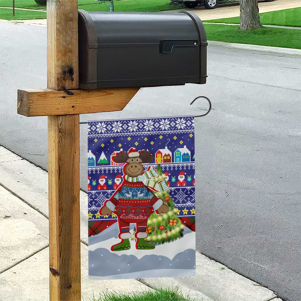 Liechtenstein Christmas Garden Flag with Reindeer Character Holiday Village and Plaid Sleeves - Wonder Print Shop