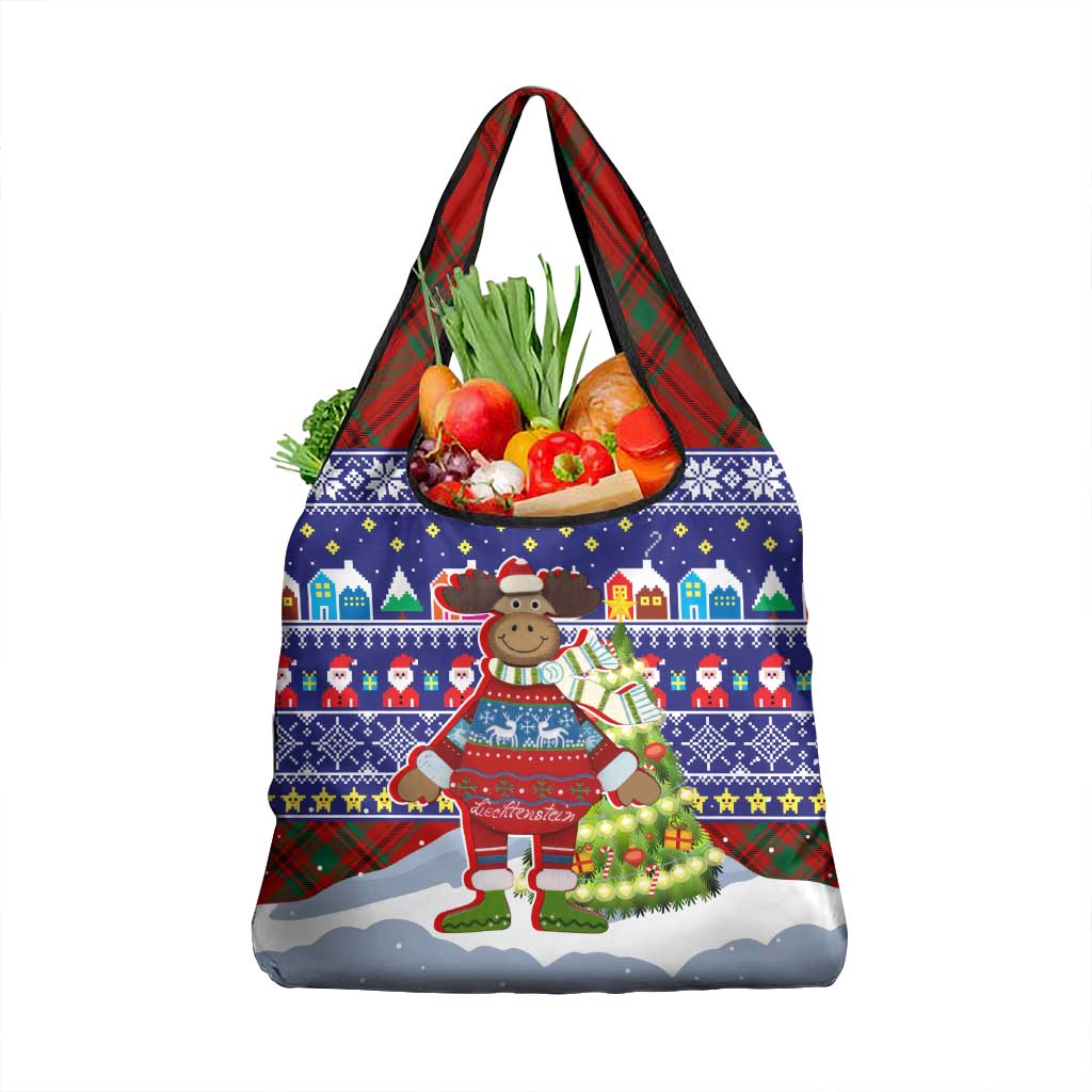Liechtenstein Christmas Grocery Bag with Reindeer Character Holiday Village and Plaid Sleeves - undefined