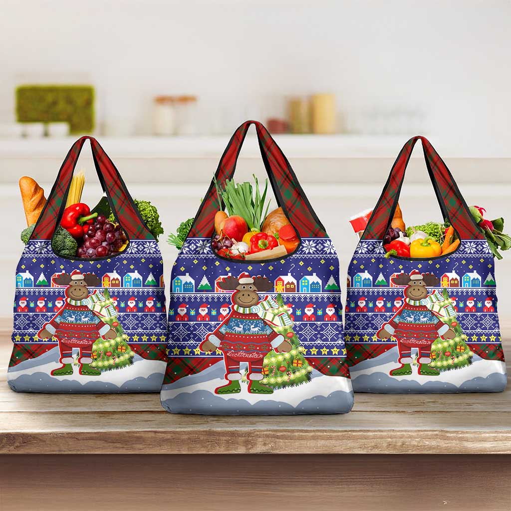 Liechtenstein Christmas Grocery Bag with Reindeer Character Holiday Village and Plaid Sleeves - undefined
