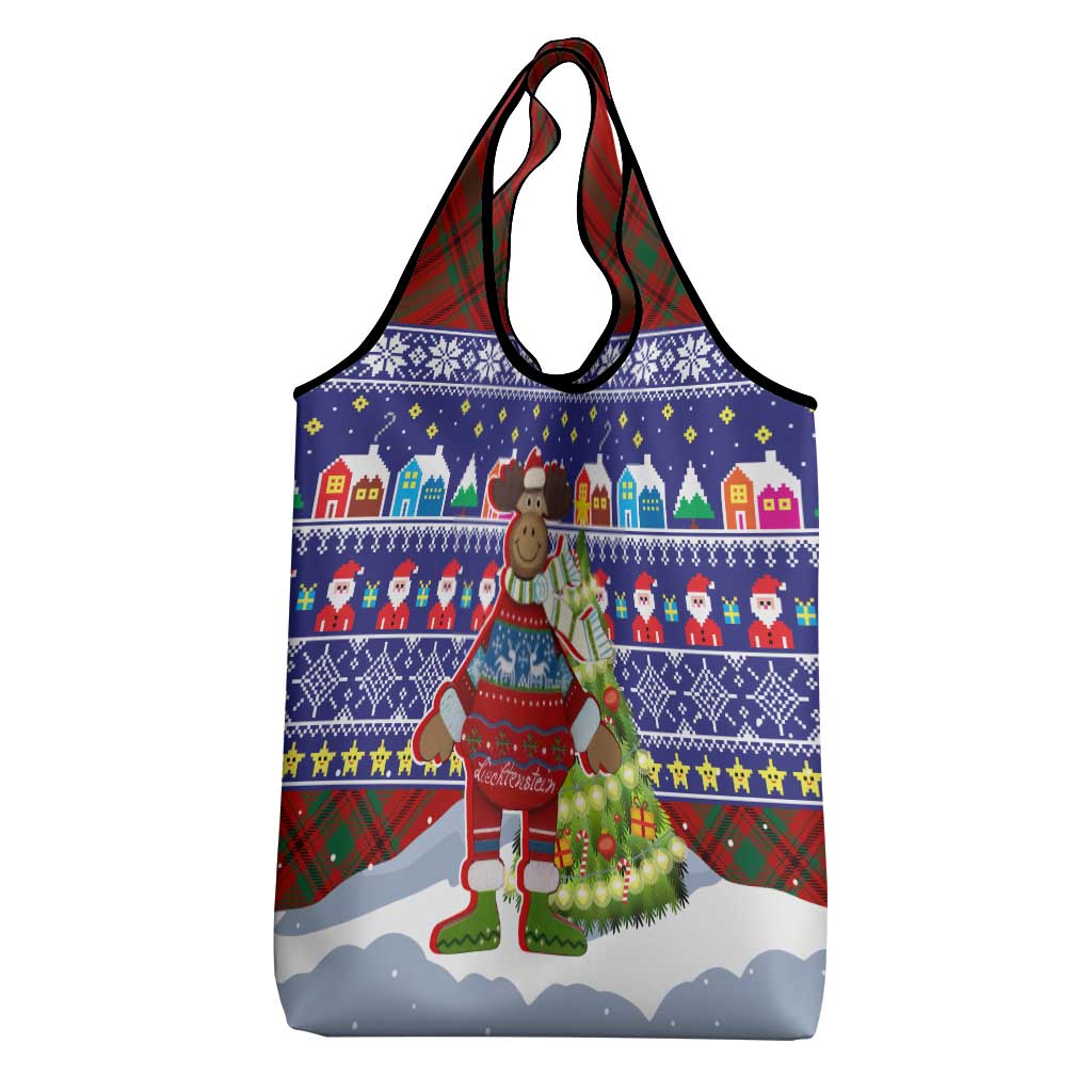 Liechtenstein Christmas Grocery Bag with Reindeer Character Holiday Village and Plaid Sleeves - undefined