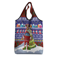 Liechtenstein Christmas Grocery Bag with Reindeer Character Holiday Village and Plaid Sleeves - undefined