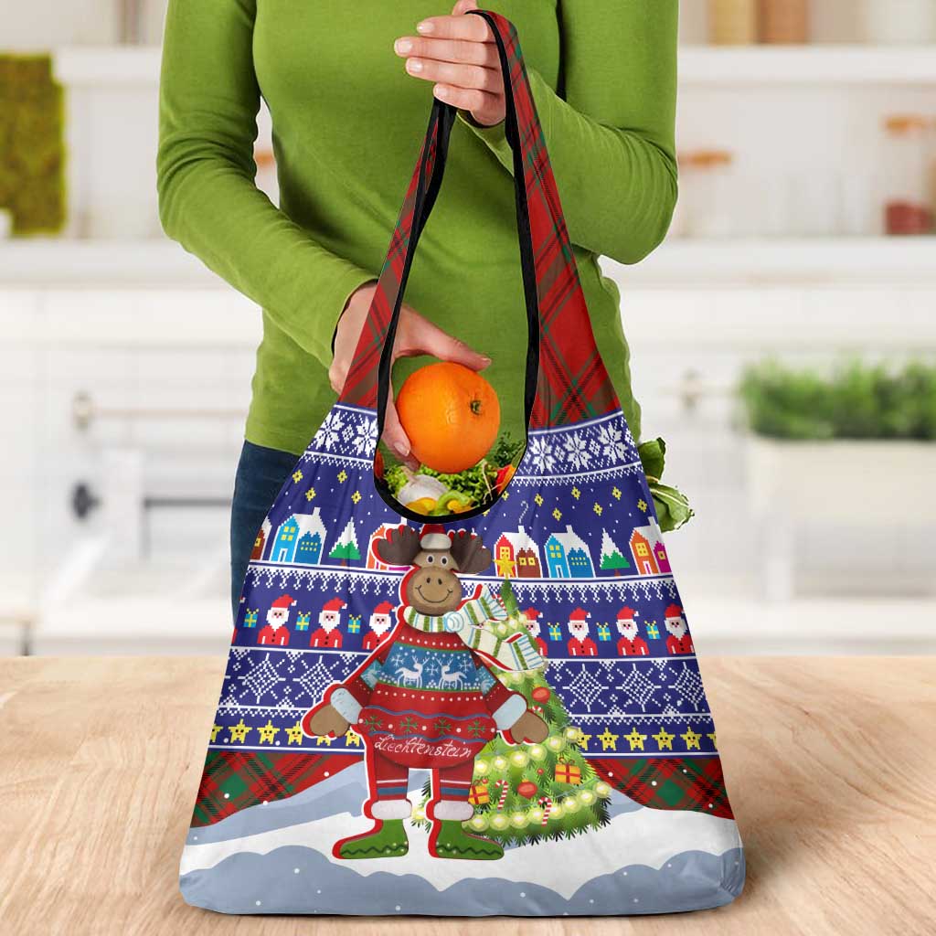 Liechtenstein Christmas Grocery Bag with Reindeer Character Holiday Village and Plaid Sleeves - undefined