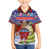 Liechtenstein Christmas Hawaiian Shirt with Reindeer Character Holiday Village and Plaid Sleeves - Wonder Print Shop