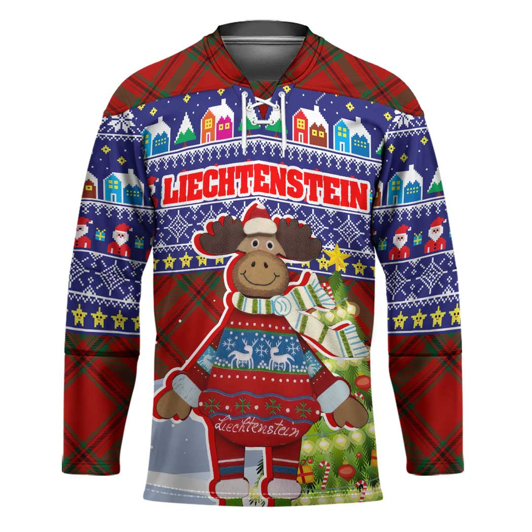 Liechtenstein Christmas Hockey Jersey with Reindeer Character Holiday Village and Plaid Sleeves - undefined