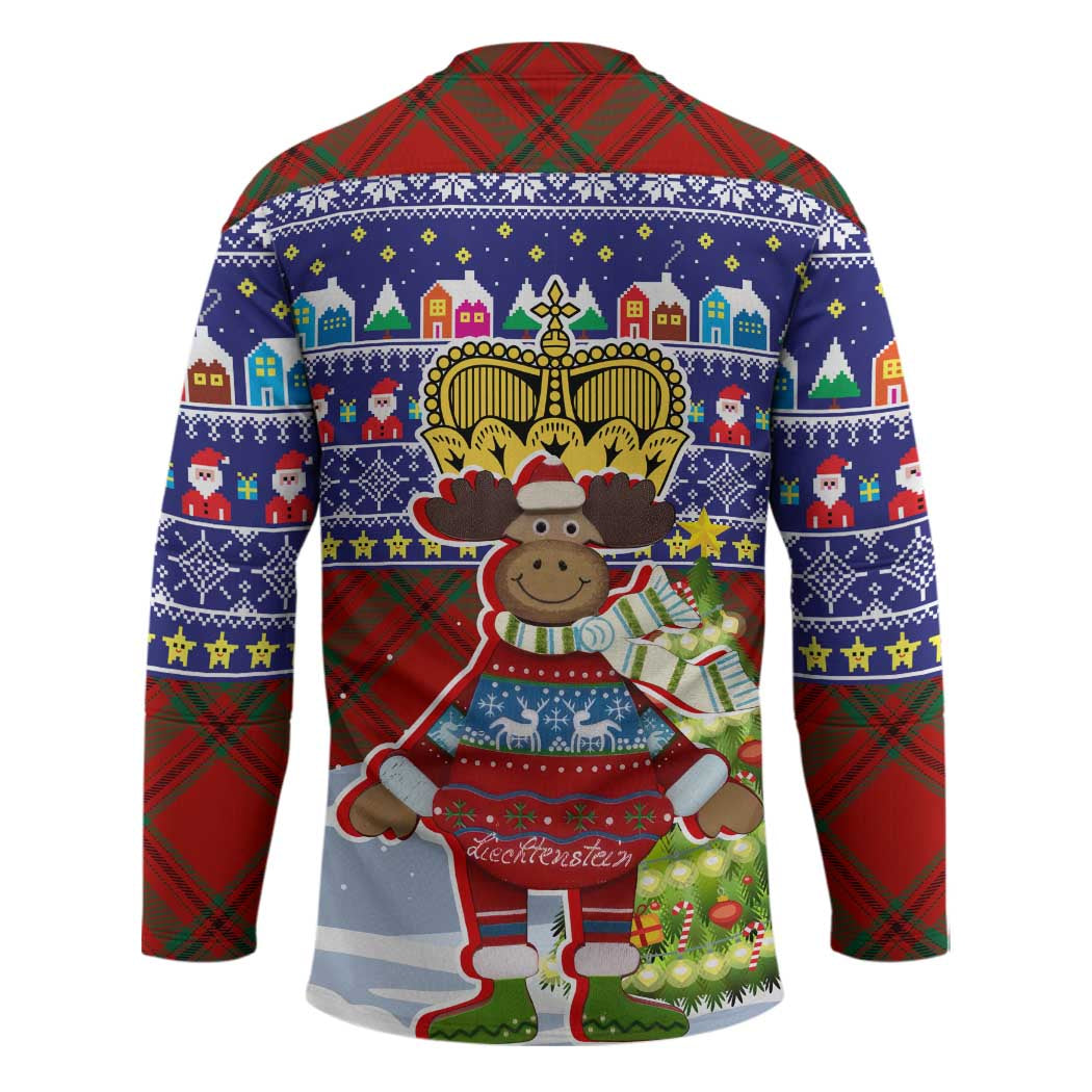 Liechtenstein Christmas Hockey Jersey with Reindeer Character Holiday Village and Plaid Sleeves - undefined
