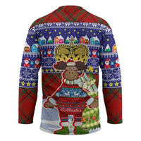 Liechtenstein Christmas Hockey Jersey with Reindeer Character Holiday Village and Plaid Sleeves - undefined
