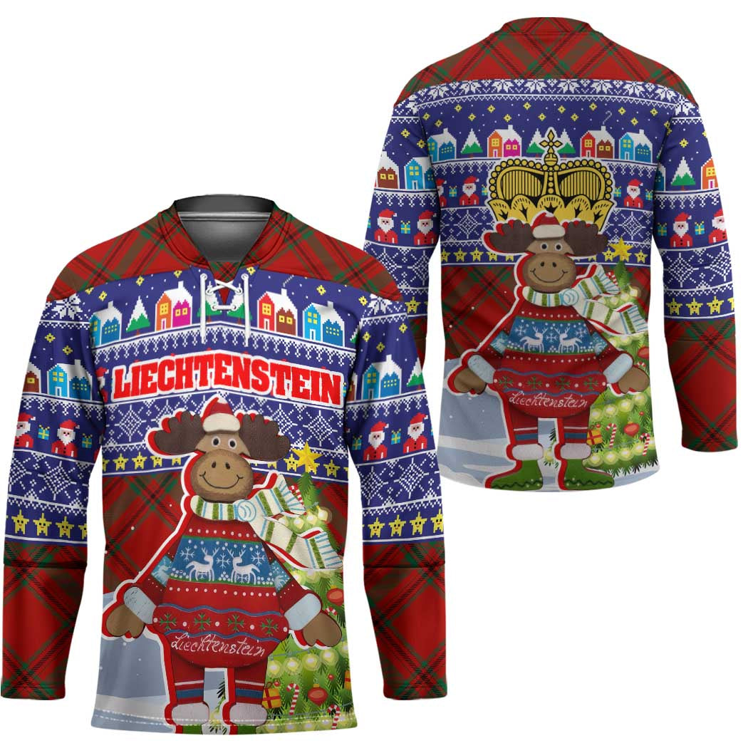 Liechtenstein Christmas Hockey Jersey with Reindeer Character Holiday Village and Plaid Sleeves - undefined