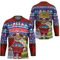 Liechtenstein Christmas Hockey Jersey with Reindeer Character Holiday Village and Plaid Sleeves - undefined