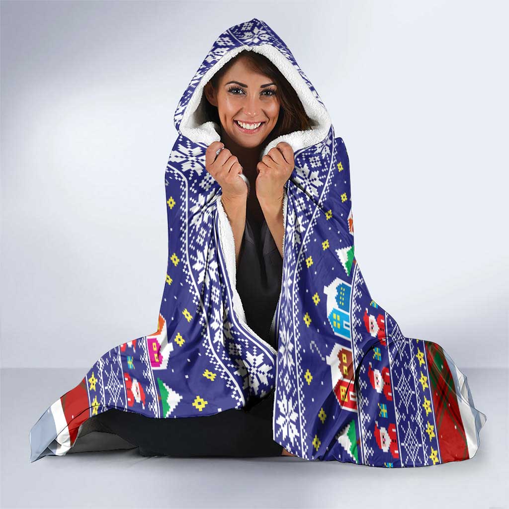 Liechtenstein Christmas Hooded Blanket with Reindeer Character Holiday Village and Plaid Sleeves - Wonder Print Shop
